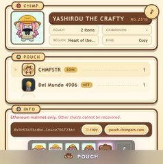 A Pokémon game screen showing the 'CHIEF' YASHIRU THE CRAFTY No. 231, a POUCH containing CHAMPSTR (COIN) and Del Mundo 4906 (NFT), with INFO noting 'Stickers required only. Other chips cannot be recorded.'