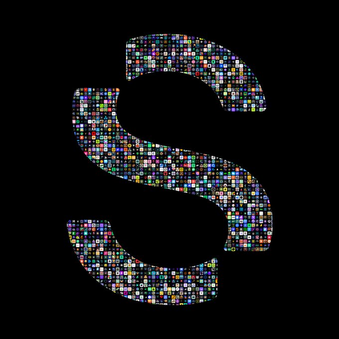 A large stylized “S” shape made from many tiny colorful social-media and app icons appears on a black background.