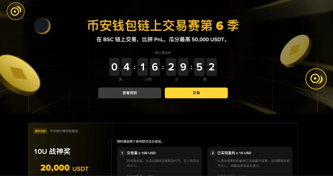 A promotional banner in Chinese for a 6th season on-chain trading competition on Binance Smart Chain (BSC), with a countdown timer and 20,000 USDT prize pool.