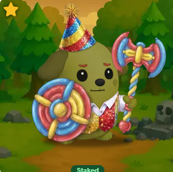 A festive cartoon dog character wearing a party hat and holding a double-bladed axe stands in a forest setting, with "Staked" displayed at the bottom. The cheerful pup, dressed in a colorful outfit and party hat, appears ready to celebrate as Pawtato Land reaches Dungeon level for new adventures.