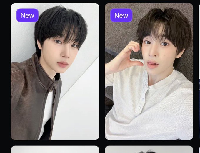 Two side-by-side photos of a young man with dark hair, both marked with a purple 'New' tag, wearing a brown jacket and a white henley shirt.