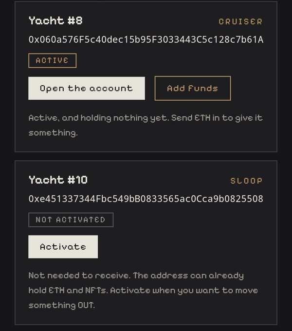 A digital wallet interface showing Yacht #8 (Cruiser, Active) and Yacht #10 (Sloop, Not Activated) with options to open the account, add funds, or activate, displaying Ethereum addresses.