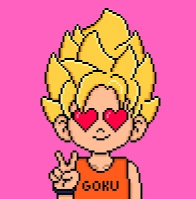 A pixel art illustration of a Super Saiyan character with spiky blonde hair, red heart-shaped eyes, and an orange shirt labeled 'GOKU', making a peace sign against a pink background.