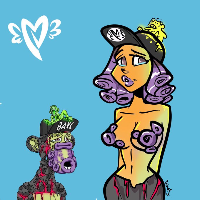 A cartoon illustration of a stylized character with purple curly hair wearing a black cap, partially nude with purple swirl decorations, alongside a small creature wearing a 'BAYC' cap with a green character on top, signed 'Aug' on a light blue background.
