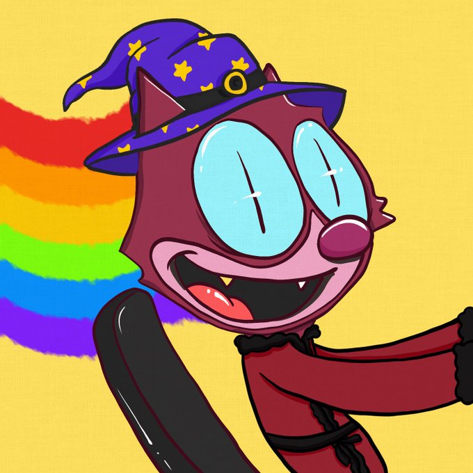 A cartoon illustration of a purple cat-like character dressed as a witch with a star-patterned hat, grinning widely with large eyes and a fang, against a yellow background with a rainbow brushstroke.