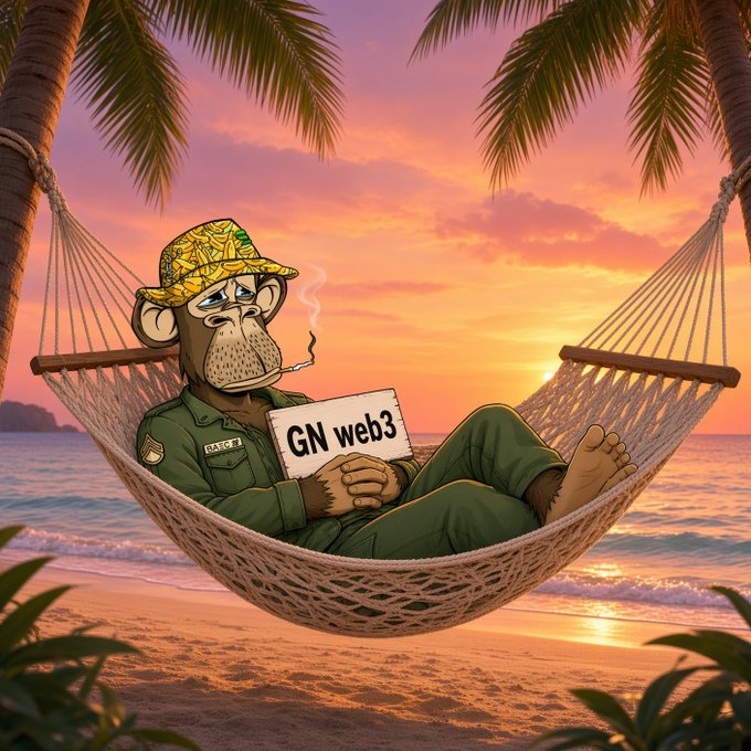 A cartoon monkey character in a green military uniform and gold hat, smoking a cigarette and holding a sign reading 'GN web3', while relaxing in a hammock on a beach at sunset.