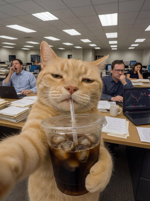 An AI-generated image of an orange tabby cat drinking iced coffee through a straw in an office setting, with tired-looking employees working at desks in the background.