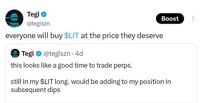 A tweet from Tegi (@tegiszn) stating 'everyone will buy $LIT at the price they deserve', quoting an earlier tweet about trading perps and being long on $LIT.