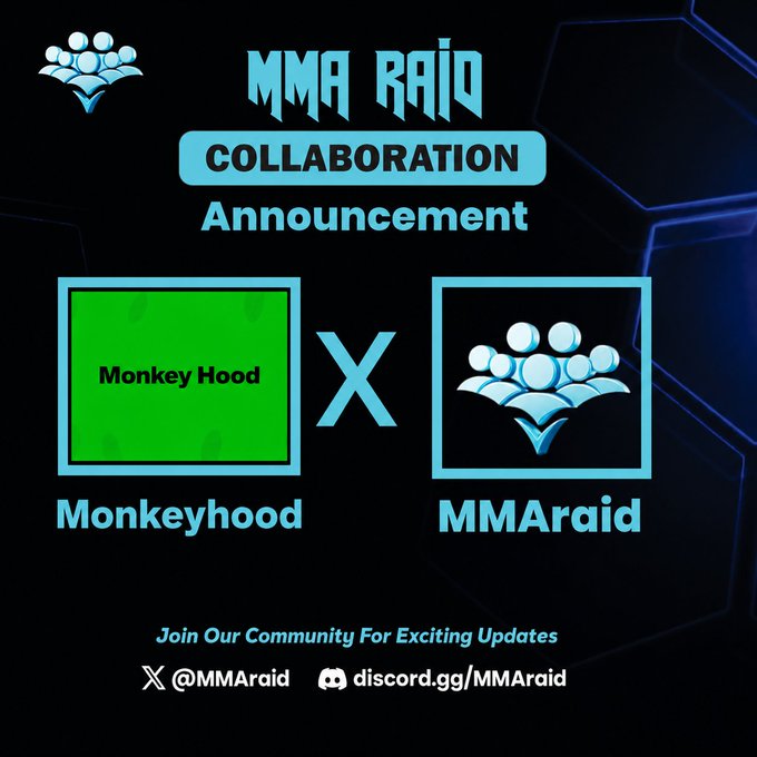 A collaboration announcement graphic featuring logos for "MMA Raid" and "Monkeyhood" separated by an "X," with the headline "MMA RAID COLLABORATION Announcement." The design promotes the partnership announced with details to be shared via their Discord community at discord.gg/MMAraid and Twitter @MMAraid, matching the post's announcement of a free mint of 7,777 NFTs on the Robinhood Chain.