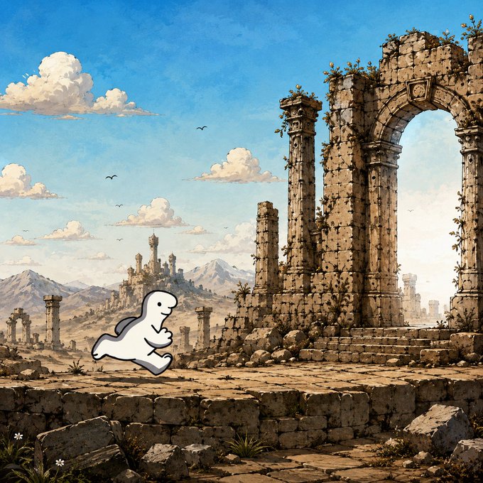 A pixel art animation showing a small white character running across ancient stone ruins with tall pillars and a distant castle under a blue sky with scattered clouds.