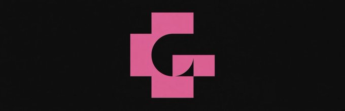 The image features a stylized pink "G" logo composed of overlapping geometric squares against a black background, serving as the visual branding for the $gstock token featured in the accompanying post.