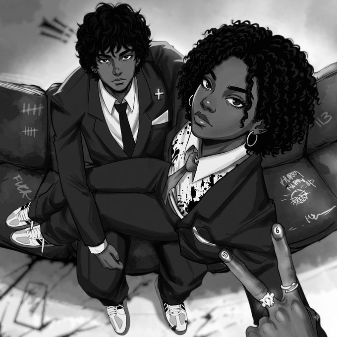 A black and white digital illustration of two anime-style characters, one with curly hair wearing a suit and the other with an afro in a blazer.
