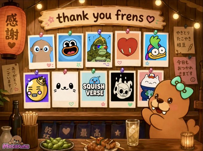 The image shows a Polaroid-style photo collage titled "thank you frens ♥" featuring cartoon characters including an ape, fish, "Squish Verse" logo, a heart, skull, and mascot alongside Japanese signage (感謝, 乾杯, 最高) with edamame and drinks on a wooden bar. It visually matches the post's appreciation message to community collab managers during the wrap-up of their GTD whitelist giveaway phase.
