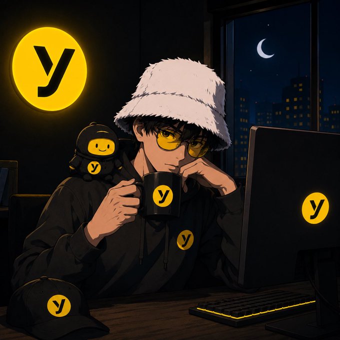 An anime-style character wearing a fuzzy white bucket hat, yellow glasses, and a black hoodie with 'y' logos, drinking from a black mug at a computer setup at night. A large yellow circle with a black 'y' is on the wall, and a small ninja-like mascot with a 'y' logo sits nearby.