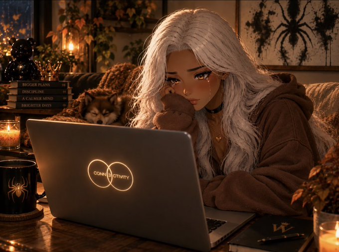 A silver-haired woman in a cozy brown hoodie sits tearfully at her laptop, which displays a "CONNECTIVITY" logo, beside a dog and books labeled "BIGGER PLANS," "DISCIPLINE," "A CALMER MIND," and "BRIGHTER DAYS"—visually reflecting the post's emotional decision to close her DMs after enduring verbal abuse from strangers despite years of community involvement in web3.