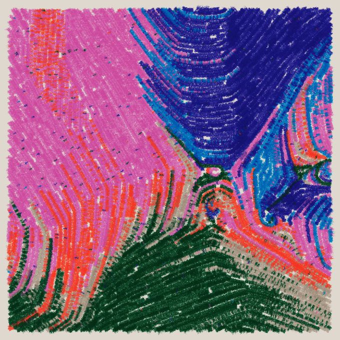 An abstract digital artwork or filter with vibrant pink, purple, blue, orange, and green wavy line patterns creating a symmetrical, Rorschach-like composition.