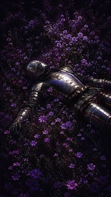 A fallen knight in ornate, battle-worn armor lies peacefully among a dense field of vibrant purple flowers.