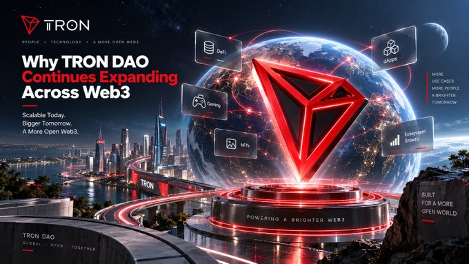 Promotional banner for TRON DAO titled 'Why TRON DAO Continues Expanding Across Web3' featuring a glowing red TRON logo over a futuristic cityscape with categories like DeFi, dApps, Gaming, NFTs, and Ecosystem Growth.