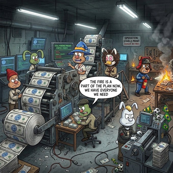 Cartoon-style illustration of a chaotic underground operation labeled 'OPERATION: STABLE PRINT' with cartoon characters printing money, with text reading 'THE FIRE IS A PART OF THE PLAN NOW, WE HAVE EVERYONE WE NEED'.