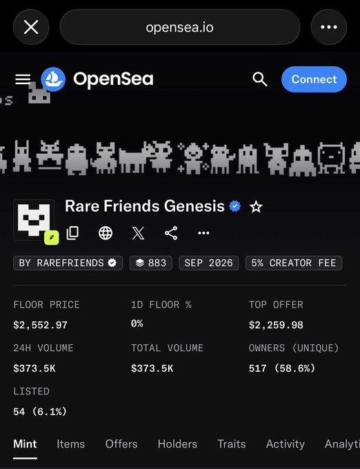 A mobile screenshot of the OpenSea (opensea.io) NFT marketplace showing the 'Rare Friends Genesis' collection page with a floor price of $2,552.97 and 24H volume of $373.5K.