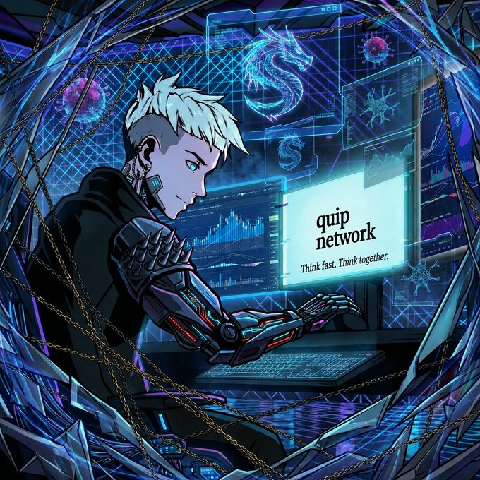 The image features a man sitting at a desk with a computer monitor in front of him. The background shows a blue and purple color scheme, which gives the impression that he's inside a futuristic office or workspace. There are also some texts visible on the image, including "quip network" and "impact goes way". These elements suggest that the man is working on a project related to Quantum unpredictability in Web3, possibly involving blockchain technology. The presence of these texts indicates that this might be an advertisement for a new Web3 platform or service.