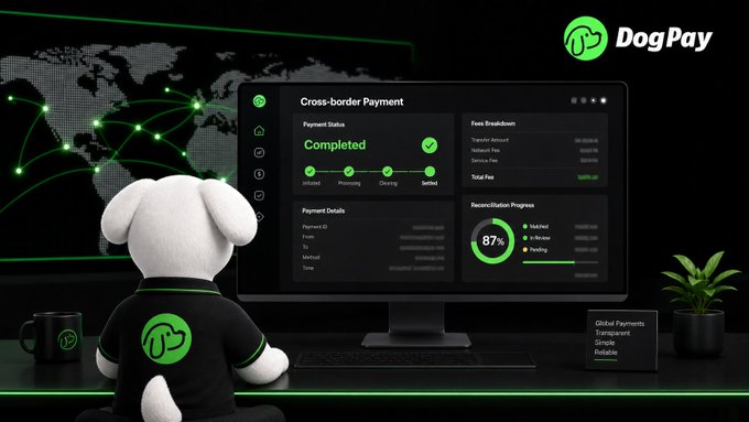 Promotional image for DogPay featuring a plush dog mascot at a desk in front of a monitor displaying a completed cross-border payment with 87% reconciliation progress.