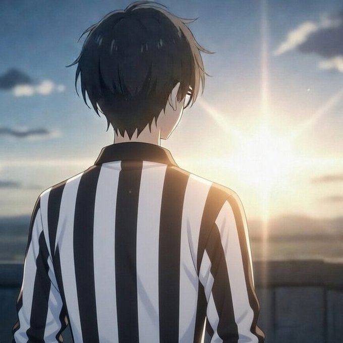 An anime-style illustration shows the back view of a young man with dark hair wearing a black and white striped shirt, looking out toward a bright sun setting over a horizon.