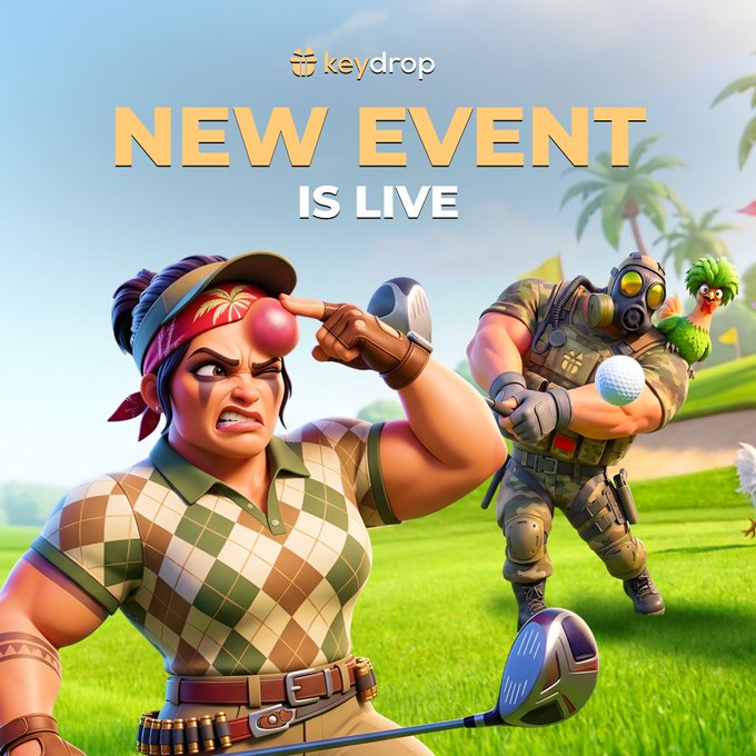 A Keydrop 'NEW EVENT IS LIVE' promotional image showing a 3D cartoon female golfer with a red nose ball and a military character with a golf ball on a green course.