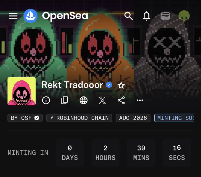 An OpenSea NFT collection page showing a 'Rekt Tradooor' pixel art series by OSF on the Robinhood Chain, with a countdown timer indicating minting in 0 days, 2 hours, 39 minutes, 16 seconds.