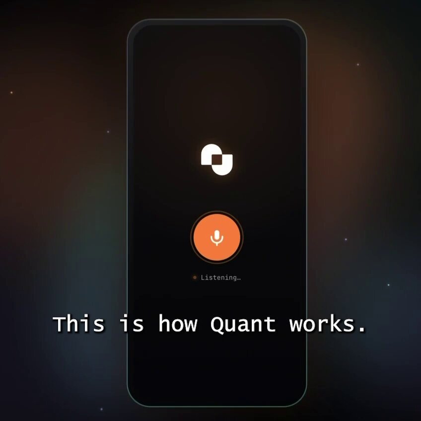 The image shows a cell phone with an app icon displayed, which appears to be related to finance or investing. The phone's screen displays a message that reads "This is how Quant works: you simply tell him..." This suggests that the user needs to provide information about their financial situation in order to receive investment advice from the app.