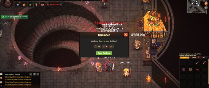 The image shows a "Reminder" pop-up in a game that reads "You have items in your Mailbox!" with options for keys and an "Open Mailbox" button. This relates to the post by displaying a player prompt to claim their earned keys and bounty rewards from the closed LootSurvivor x Cambria dungeon event.