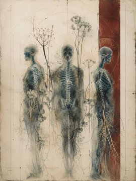 An anatomical-style artwork depicting three human skeletal figures intertwined with delicate wildflowers and roots against an aged parchment-like background.
