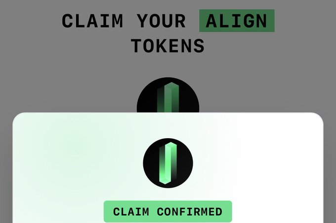 The image shows a confirmation screen with "CLAIM YOUR $ALIGN TOKENS" at the top, the Align token's green crystal logo, and a "CLAIM CONFIRMED" button, corresponding to the post announcing that the $ALIGN airdrop claim is now live for eligible users at airdrop.alignedlayer.com/claim.