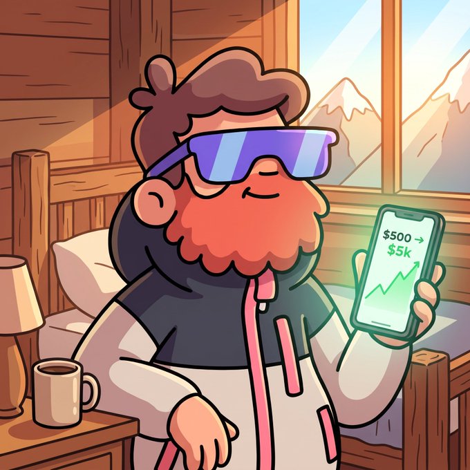 A cartoon illustration of a bearded man wearing purple sunglasses and a ski jacket, relaxing in a wooden cabin with a steaming mug of coffee beside him while checking a smartphone displaying '$500 → $5k' with a rising green chart.