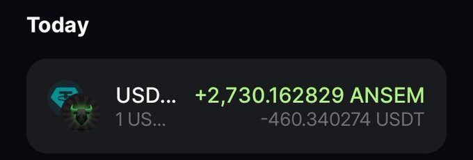 A trading screenshot showing today's gains of +2,730.162829 ANSEM against a loss of -460.340274 USDT, illustrating the profits earned from going "all in" on the $ANSEM token.