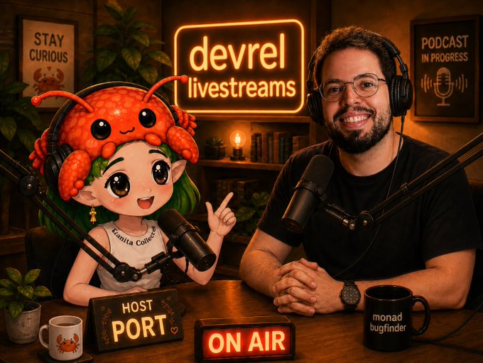 The image features a man wearing glasses sitting behind a microphone, smiling for the camera while holding a microphone. The man appears to be hosting a podcast or radio show, as there are two microphones visible in the scene - one being held by the host and another placed on a table nearby. A sign is also present in the background that reads "host port".