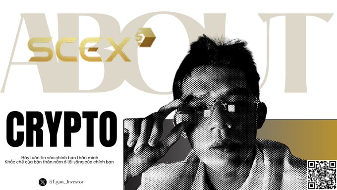 A promotional graphic with gold and black text reading 'SCC EX', 'CRYPTO', and '@Lynn_Investor', featuring a halftone image of a person in sunglasses alongside a QR code and a Vietnamese disclaimer about financial risk.