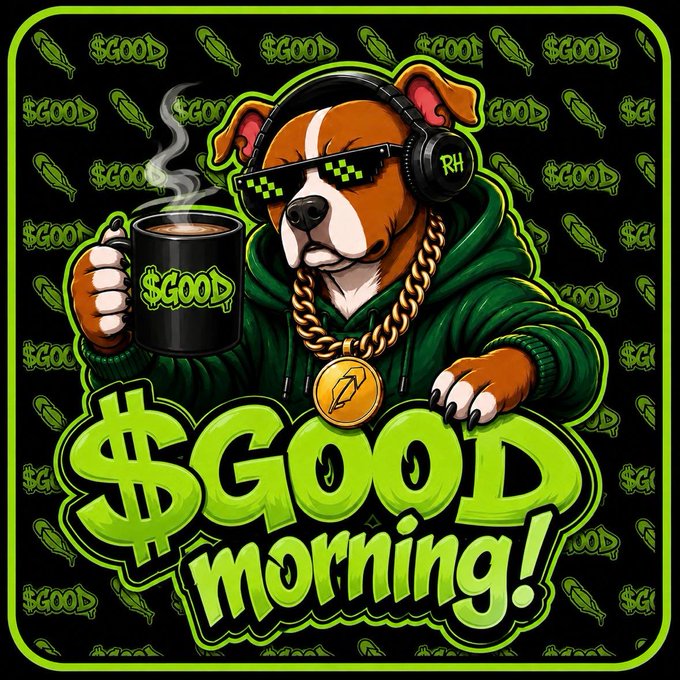 A cartoon dog wearing headphones, pixel sunglasses, and a gold chain holds a coffee mug next to bold graffiti-style text reading "$GOOD morning!"—the "$GOOD" ticker in the mug matches the cryptocurrency celebration of another all-time high mentioned in the post.