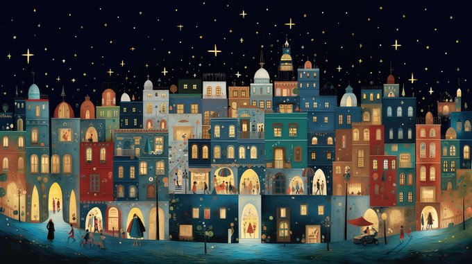 An illustration of a colorful, densely packed cityscape at night with lit windows, a starry sky with crosses, and small figures walking and interacting in the foreground.