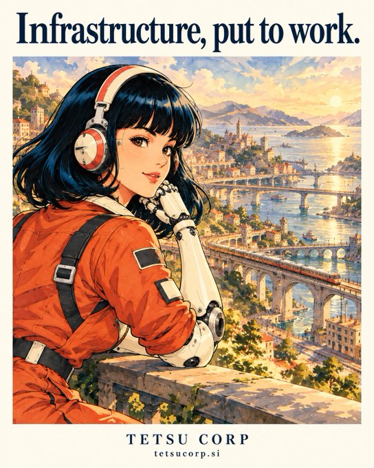 Retro poster reading “Infrastructure, put to work.” and “TETSU CORP tetsucorp.si,” featuring a robotic or cybernetic woman overlooking a city, river, and arched aqueduct.