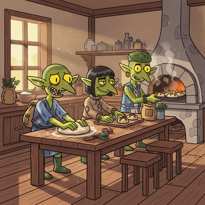 The image features three green dwarfs standing around a table, making doughnuts. One of them has a backpack on their back while they are working together to make the doughnuts. The other two dwarfs have donuts already made on the table in front of them.