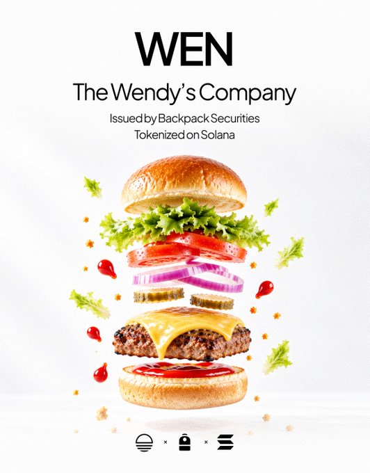 A promotional poster for 'WEN - The Wendy's Company' tokenized on Solana, featuring an exploded view of a hamburger with floating lettuce, tomato, onion, pickles, cheese, and condiments.