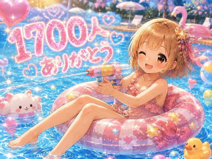 The image shows a cute anime girl in a pink swimsuit floating in a pool with a water gun, surrounded by floaties and pool toys, with text reading "1700人ありがとう" (Thank you to 1,700 people). The image celebrates the milestone of reaching 1,700 followers, matching the post's announcement of the achievement and the celebratory mood that inspired the celebratory spot purchase.