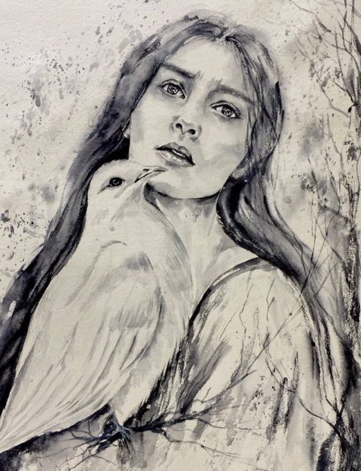 A grayscale ink and watercolor painting depicts a young woman with a small bird perched near her shoulder, surrounded by branches and splattered ink effects.