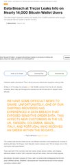 A news article screenshot with the headline "Data Breach at Trevor Locke Info on Nearly 14,000 Bitcoin Wallet Users" followed by article text.