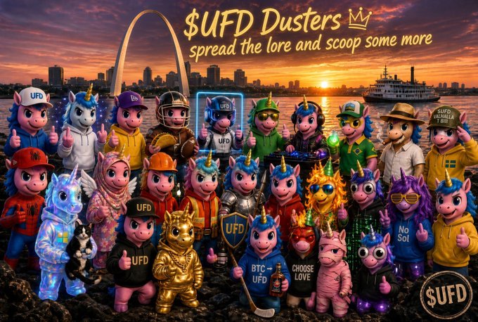 A vibrant group photo of stylized unicorn characters wearing various outfits (firefighter, chef, construction worker, athlete, etc.) gathered in front of the St. Louis skyline at sunset, with text reading "$UFD Dusters - spread the lore and scoop some more." The image illustrates the $UFD community's message that one can "act with integrity and win," showcasing the diverse, united meme coin tribe during Day 649 of the project.