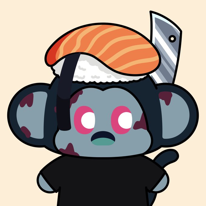 A cartoon illustration of a zombie-like character with grey-blue skin, pink eyes, wearing a black shirt, topped with a salmon nigiri sushi piece and a large kitchen knife.