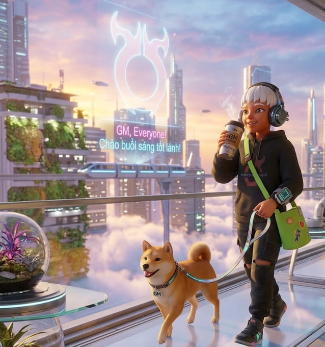 A cheerful cyberpunk-style character with white hair and headphones sips from a "GM" coffee cup while walking their Shiba Inu wearing a "GM" collar on a futuristic sky-high balcony, with a holographic message reading "GM, Everyone! Chào buổi sáng tốt lành!" floating above a sunset-lit cityscape—perfectly capturing the crypto community's "GM" greeting ritual tied to the post's Sunday trading caution.