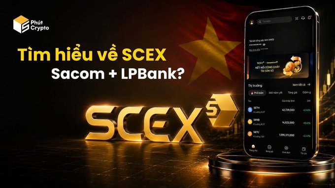 A promotional graphic for the SCEX cryptocurrency exchange, featuring a smartphone displaying the platform's trading interface alongside bold "SCEX" branding and Vietnamese text reading "Tìm hiểu về SCEX Sacom + LPBank?" (Learn about SCEX Sacom + LPBank?), tying into a post about the leadership team behind the platform.