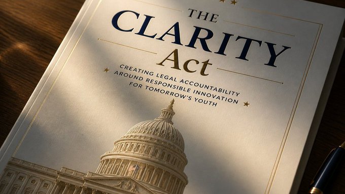 A polished document cover titled "THE CLARITY Act: Creating Legal Accountability Around Responsible Innovation for Tomorrow's Youth," featuring an illustration of the U.S. Capitol dome.